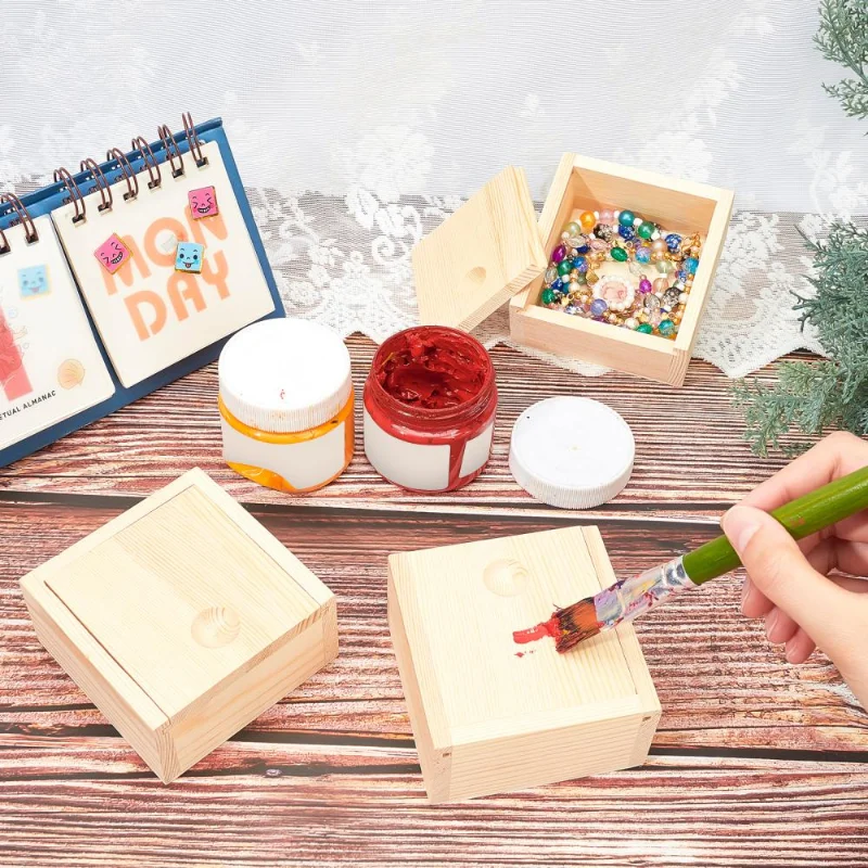 4Pcs Unfinished Natural Wooden Box Square Slide Top Jewelry Storage Container Multi-function Crafts Packing Case DIY Decor