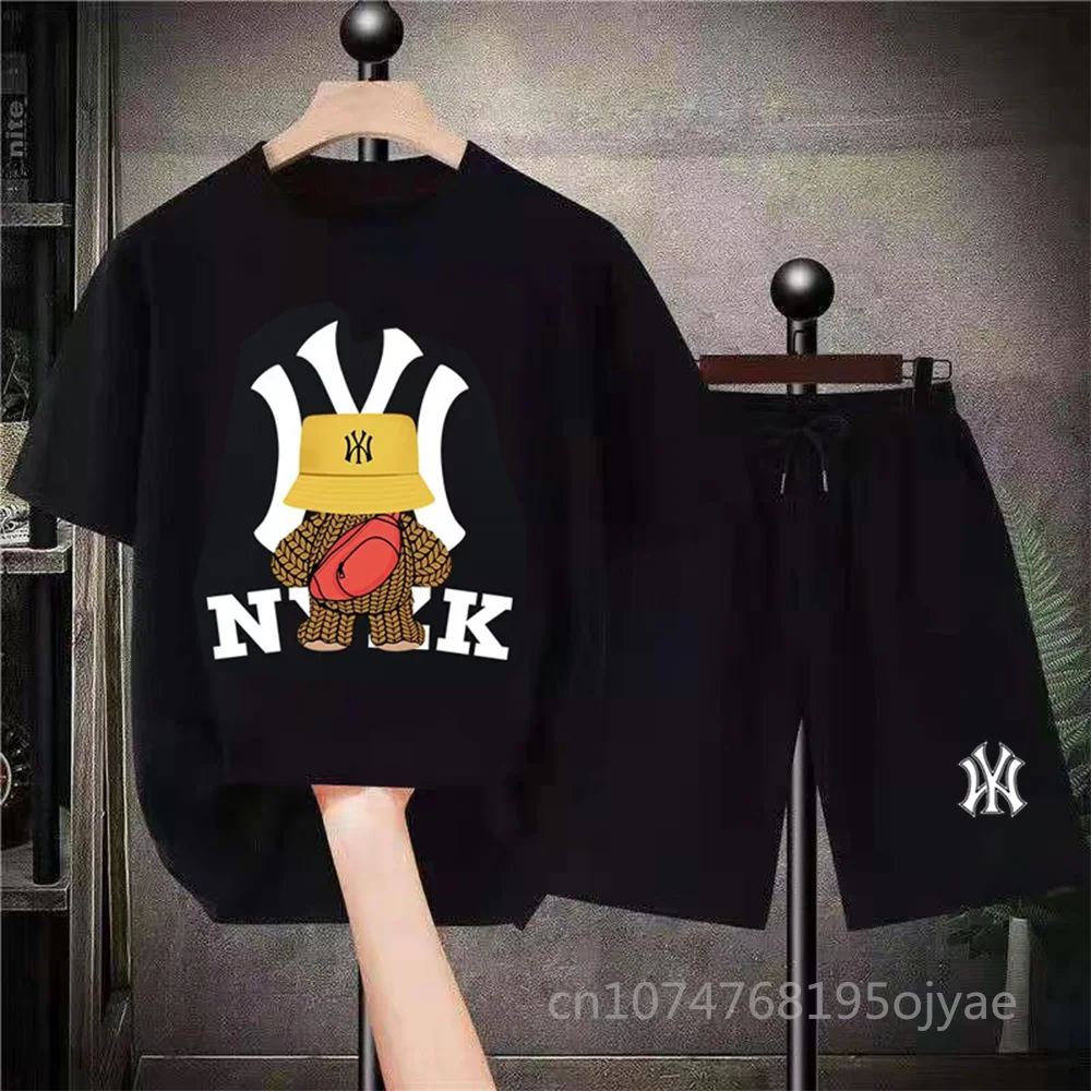 Summer Men's T-shirt + Shorts Suits Casual T Shirts Sport Set Bear Print Short Sleeve Tops Cotton Tracksuits Designer Streetwear