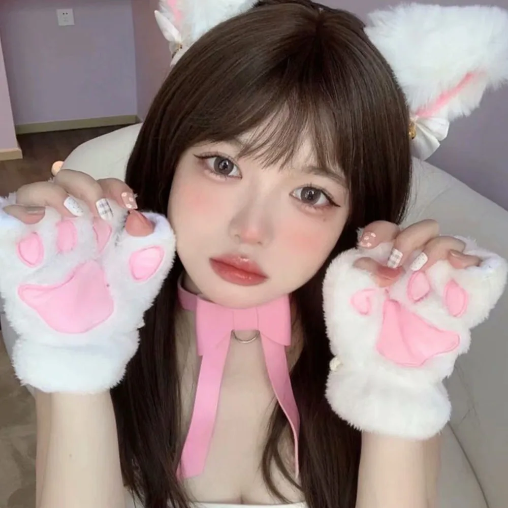

Kawaii Cute Plush Cat Claw Paw Gloves For Girl Novelty Hand Warmer Flip Half Finger Gloves Winter Fingerless Bear Cat Gloves