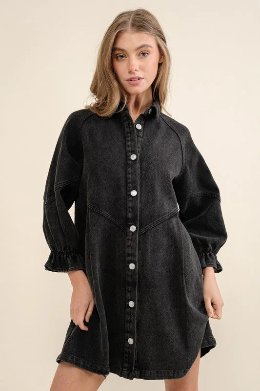 

2023 Autumn Women Denim Dress Black Lantern Sleeve Pocket A-line Casual Dresses Spring Female Fashion Elegant Clothes Ladies