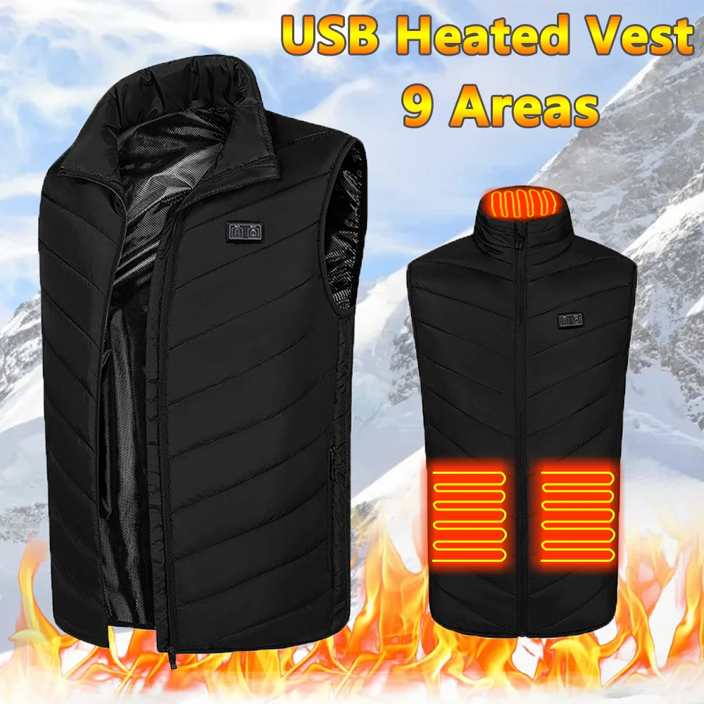 

9 Zones Heated Vest Dual Control Fashion Coat For Men USB Heating Sleeveless Jacket Winter Outdoor Hunting Vests Heated Clothing