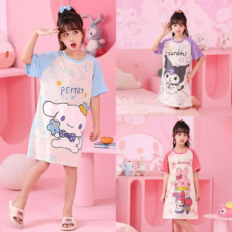 

Sanrios My Melody Cinnamoroll Kuromi Anime Kawaii Cotton Kids Nightdress Summer Short Sleeve Baby Girls Homewear Clothes Pajamas