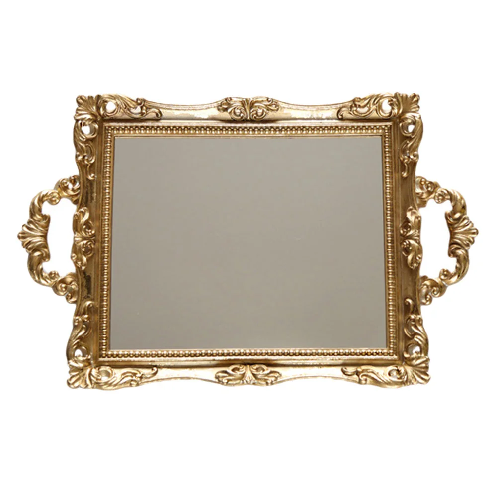 

1PC Retro Carved Mirror Tray Wedding Storage Resin Crafts Ornament (Golden)