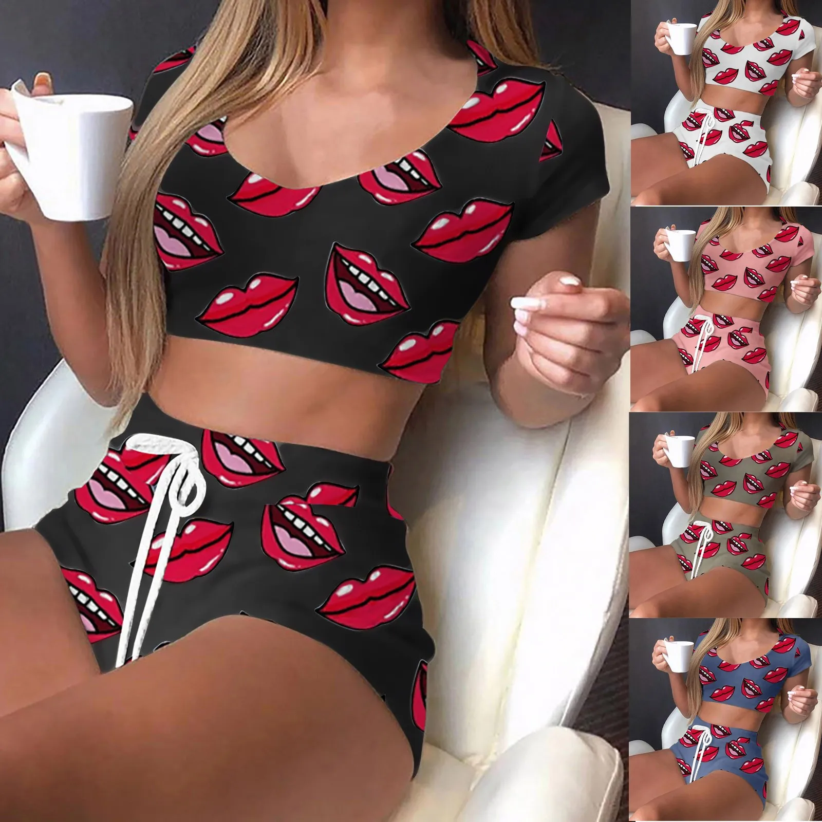 

Fashion Women's 2 Pieces Kawaii Red Lips Print Frill Hem Cami Pajama Set 2022 Femme Cute Crop Top & Shorts Suits Lady Sleepwear