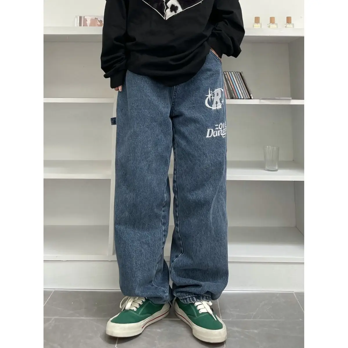 

American street clothing retro trend pocket jeans female letter star print high waist casual oversized straight pants women