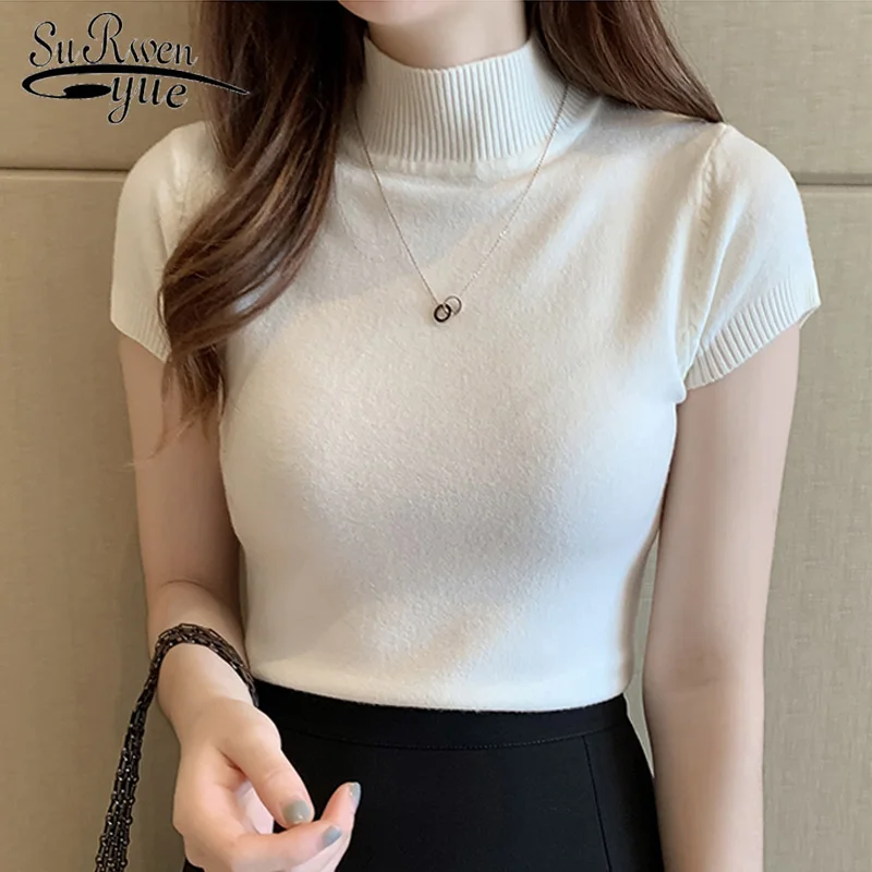 

Casual Women Clothing Korean Knitted Women Top Blusas Mujer De Moda Spring Summer New Solid Slim Turtleneck Blouse Blusas 8622