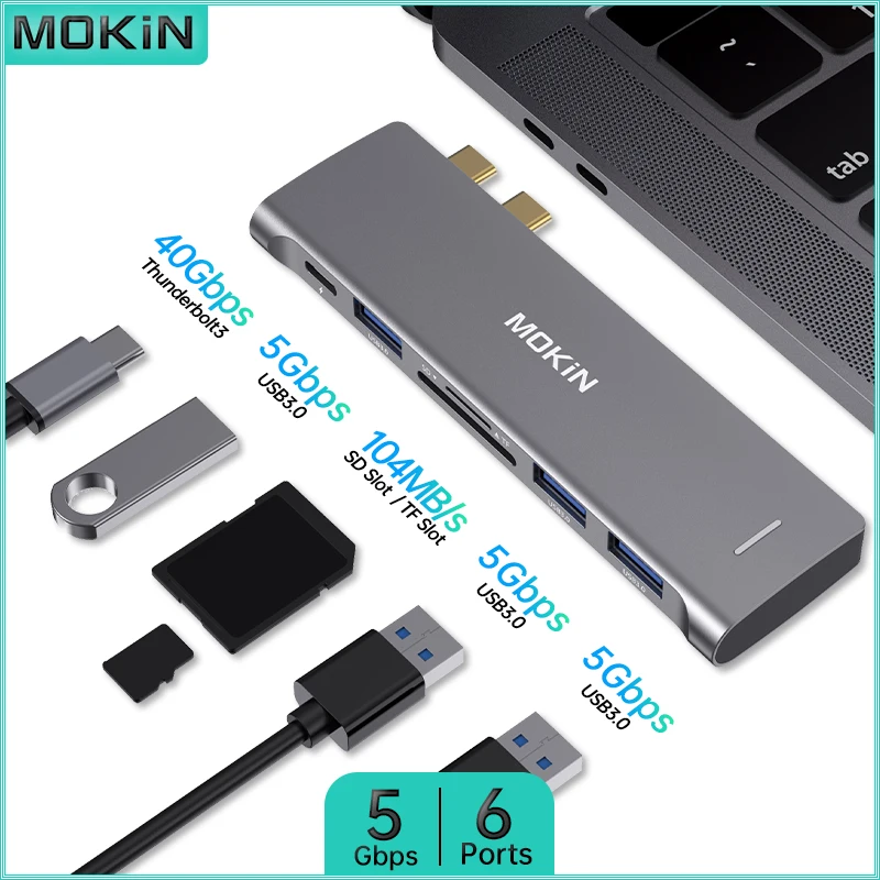 

Док-станция MOKiN 6 в 2 для MacBook Air/Pro, iPad, ноутбука с Thunderbolt — USB3.0, SD, TF, Thunderbolt, компактная и эффективная