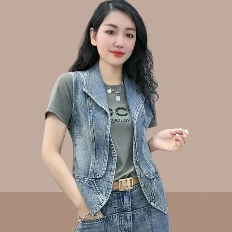 

Жилетка женская без рукавов, модная Асимметричная безрукавка из денима, на пуговицах, облегающий джинсовый жилет, лето 2023