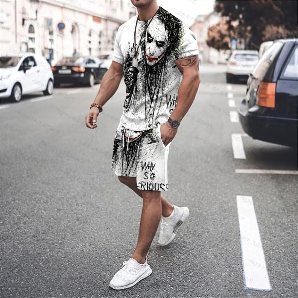 Men's Summer New Funny Clown Series 3D Printing Hip Hop O-Neck Fashion Casual Breathable Top Shorts Two-piece Suit Plus Size
