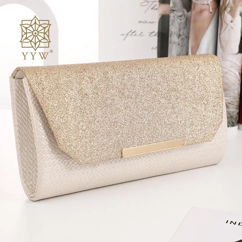 Khaki Woven Envelope Women'S Clutch Bag Glitter Bridal Elegant Handbags For Wedding Party Chain Evening Bags Shoulder Clutch