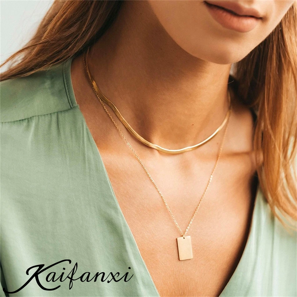 

Kaifanxi stainless steel square paper clip chain laces necklace multilayer gold square pendant necklace for women jewelry