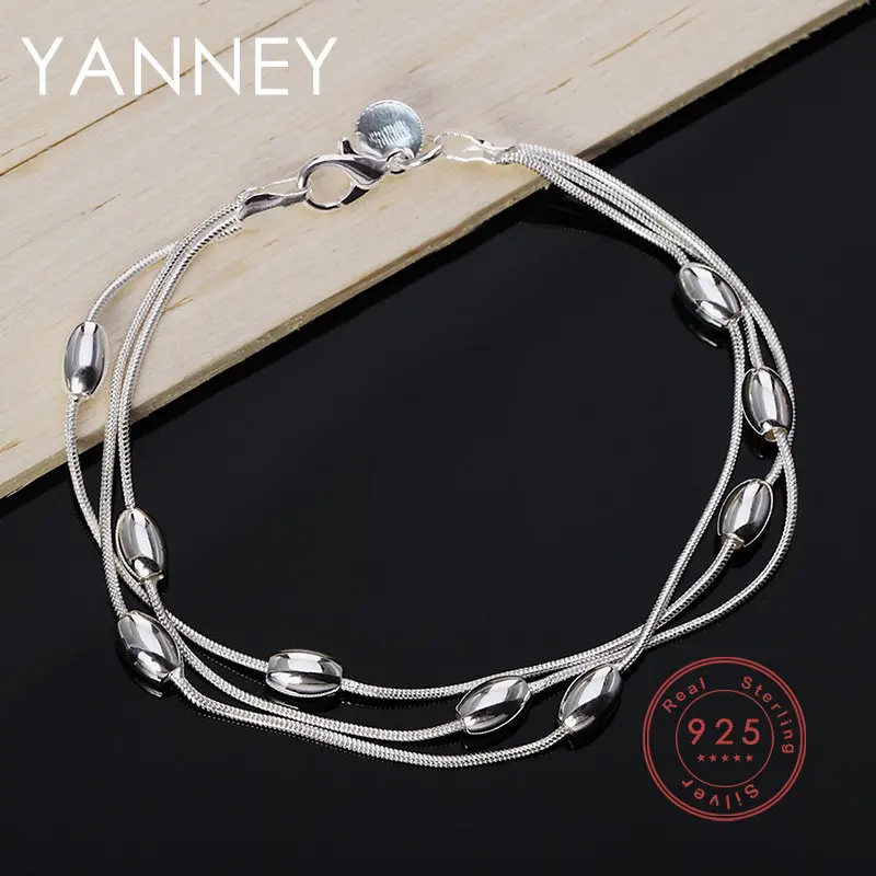 

925 Silver Bracelet 8 Inches 3 Wire Bead Chain Tassel Bracelet For Women Fashion Birthday Gift Jewelry Accessories