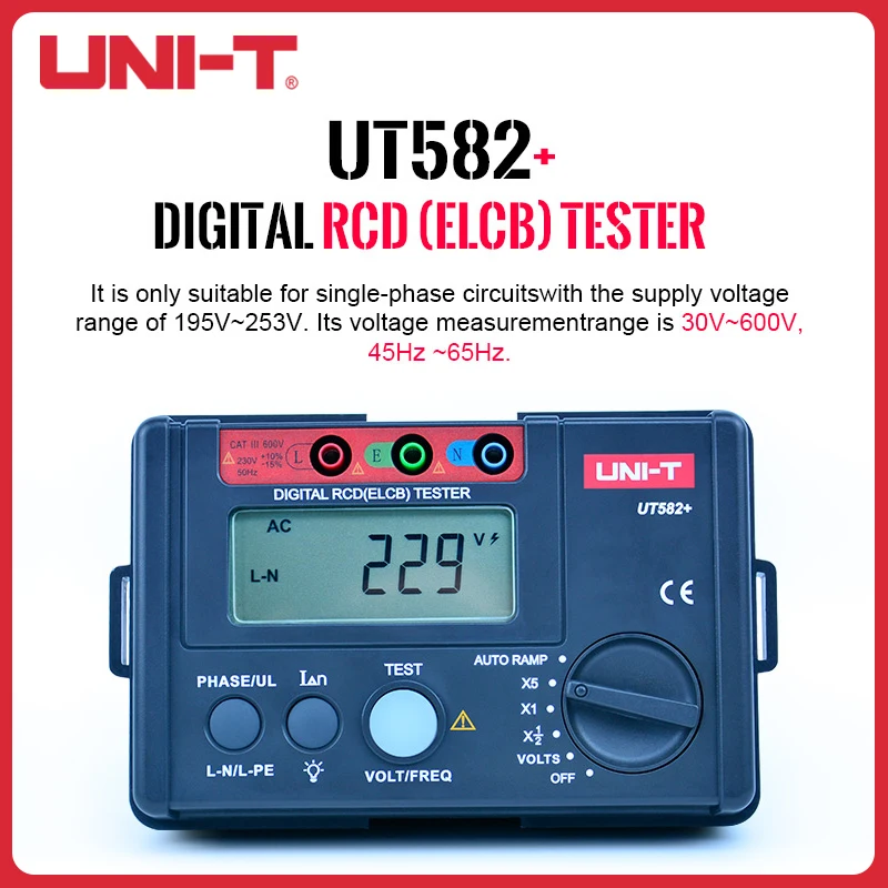 

UNI-T Auto RAMP Leakage Circuit Breaker Meter 45Hz-65Hz Digital RCD (ELCB) Tester UT582+ with Mis-Operation Buzzer