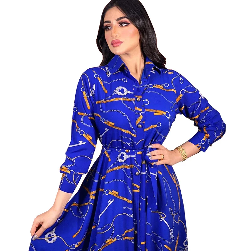 Muslim Chain Print Shirt Dresses for Women Dubai Abaya Turkey Arabic Oman Lapel Single-breasted Kaftan Hijab Dress 2021 Jalabiya