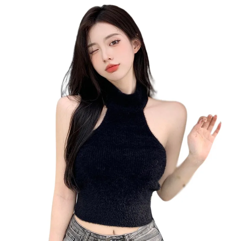 

Women's Tank Top Halter Slim Sexy Expose Navel Lint Knitted Temperament Soft Camisole