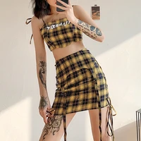 2021 korean style spring and summer new womens two piece sexy slim fashion plaid lace reflective sling high waist skirt women