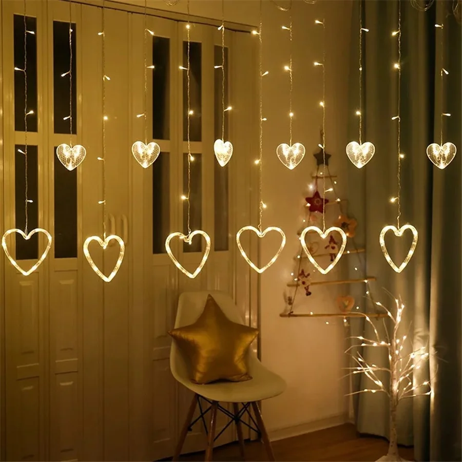 LED Romantic Heart Shaped Curtain String Lights 8 Modes Christmas Fairy Lights Garland for Home Bedroom Wedding Party Decoration