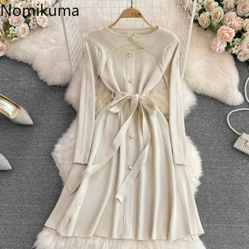 

Nomikuma Vestidos De Mujer Autumn Winter Hollow Out Drawstring Solid Color Ropa Mujer Vintage Elegant Fashion Dress for Women