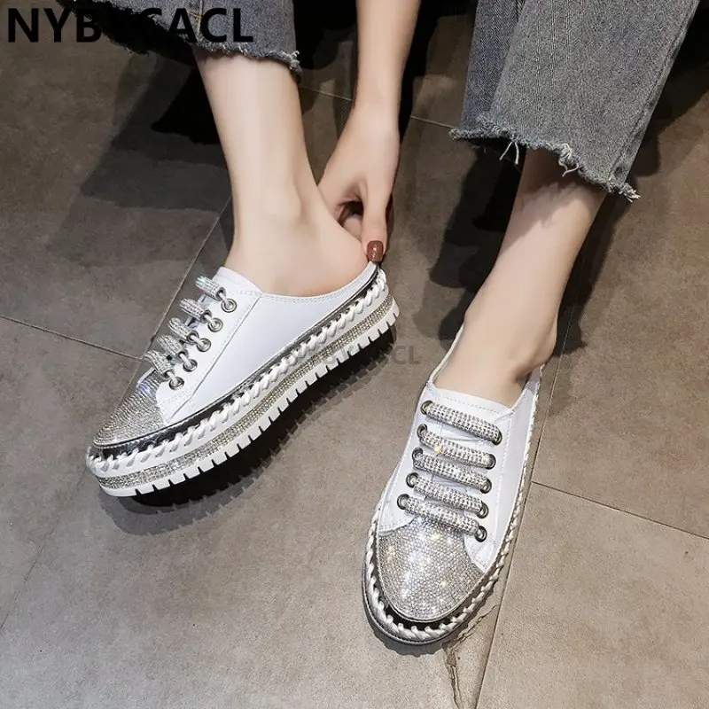 Crystals Round Toe Leather Flats Shoes Women Silver Bling Loafers Couple Platform Shoes Woman Flat With Students Size 41 42 43