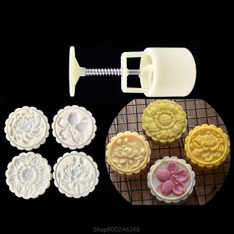 

New in Mooncake Mold with 4 Sunflower Stamps Cookie Cutter Hand Press Green Bean Cake Pastry Mould DIY Bakeware S10 20 Dropship