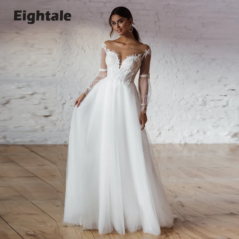 

Eightale Boho Wedding Dresses with Long Sleeves Scoop Appliques Lace A-Line Beach Bridal Gowns vestidos de novia