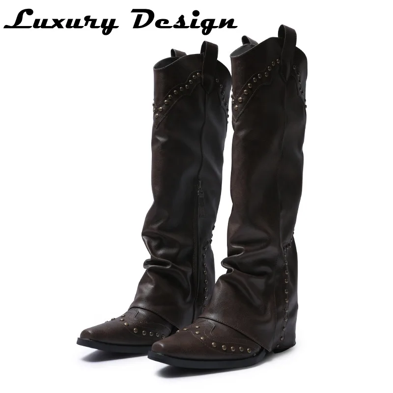 

New Trend Pointy Retro Western Boots Female Chunky High Heel Knee Boots Microfiber Leather Mid-calf Square Heels Women Boots