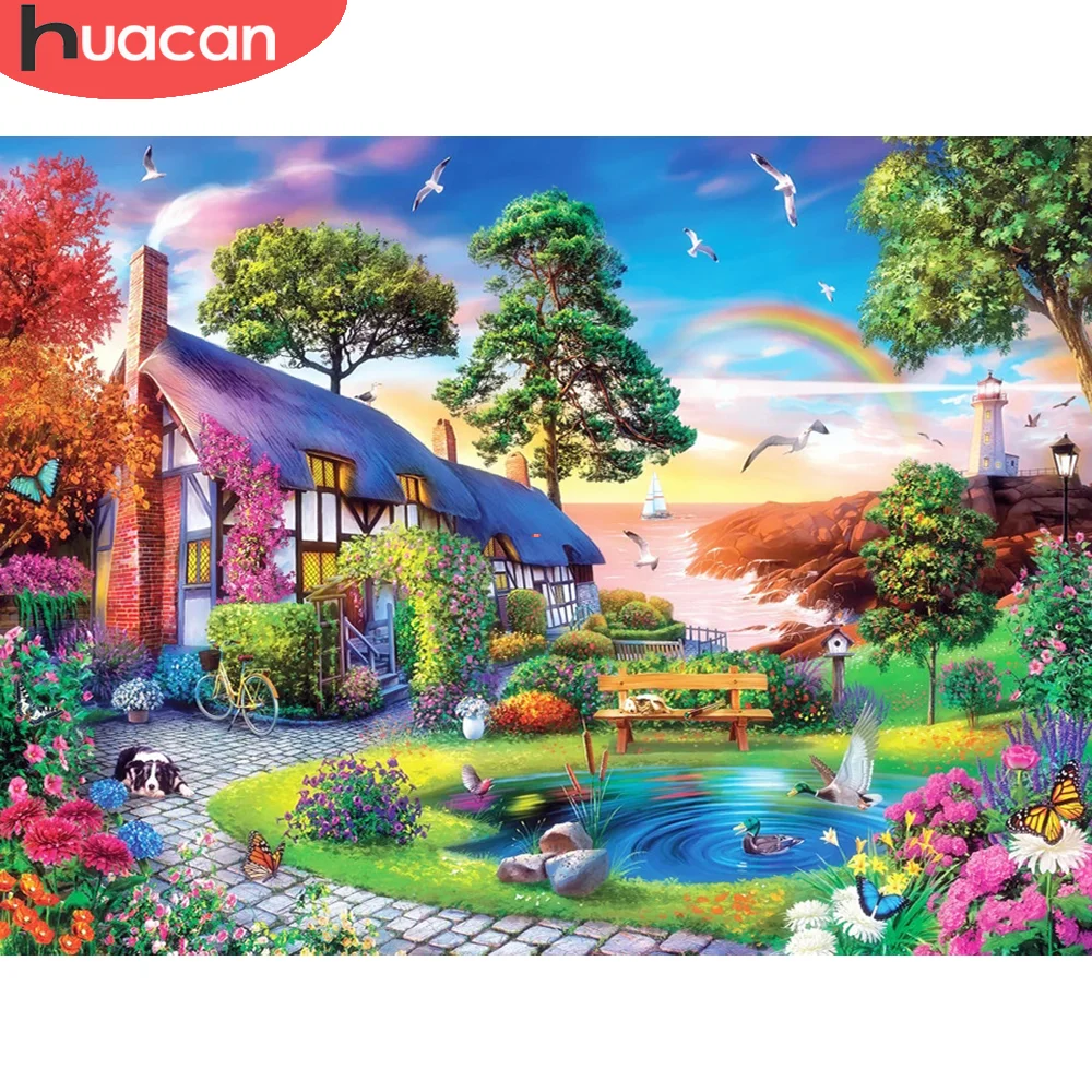 

Алмазная живопись 5D HUACAN, пейзаж, дом, «сделай сам», мозаика для сада, полный набор для вышивки, декоративные картины