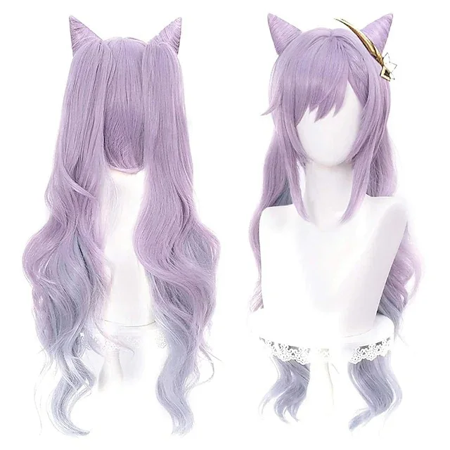 

Women Halloween Free Wig Cap Purple Long Curly Ponytails Ears Horns Pigtails Heat Resistant Genshin Impact Keqing Cosplay