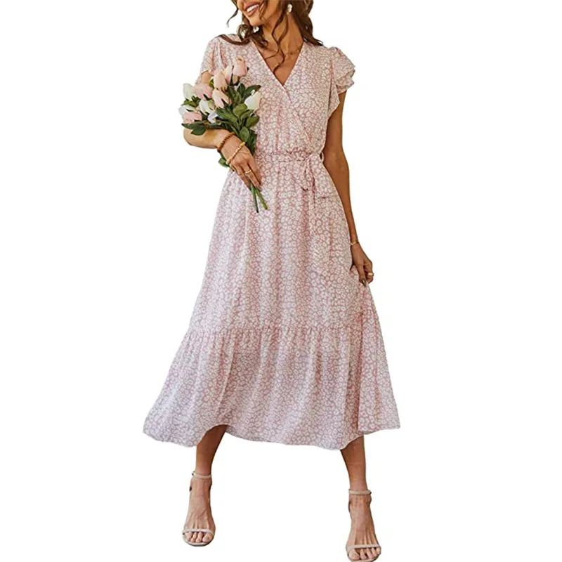 

Women's 2023 Floral Boho Dress Wrap V Neck Short Sleeve Belted Ruffle Hem A-Line Flowy Maxi Dresses