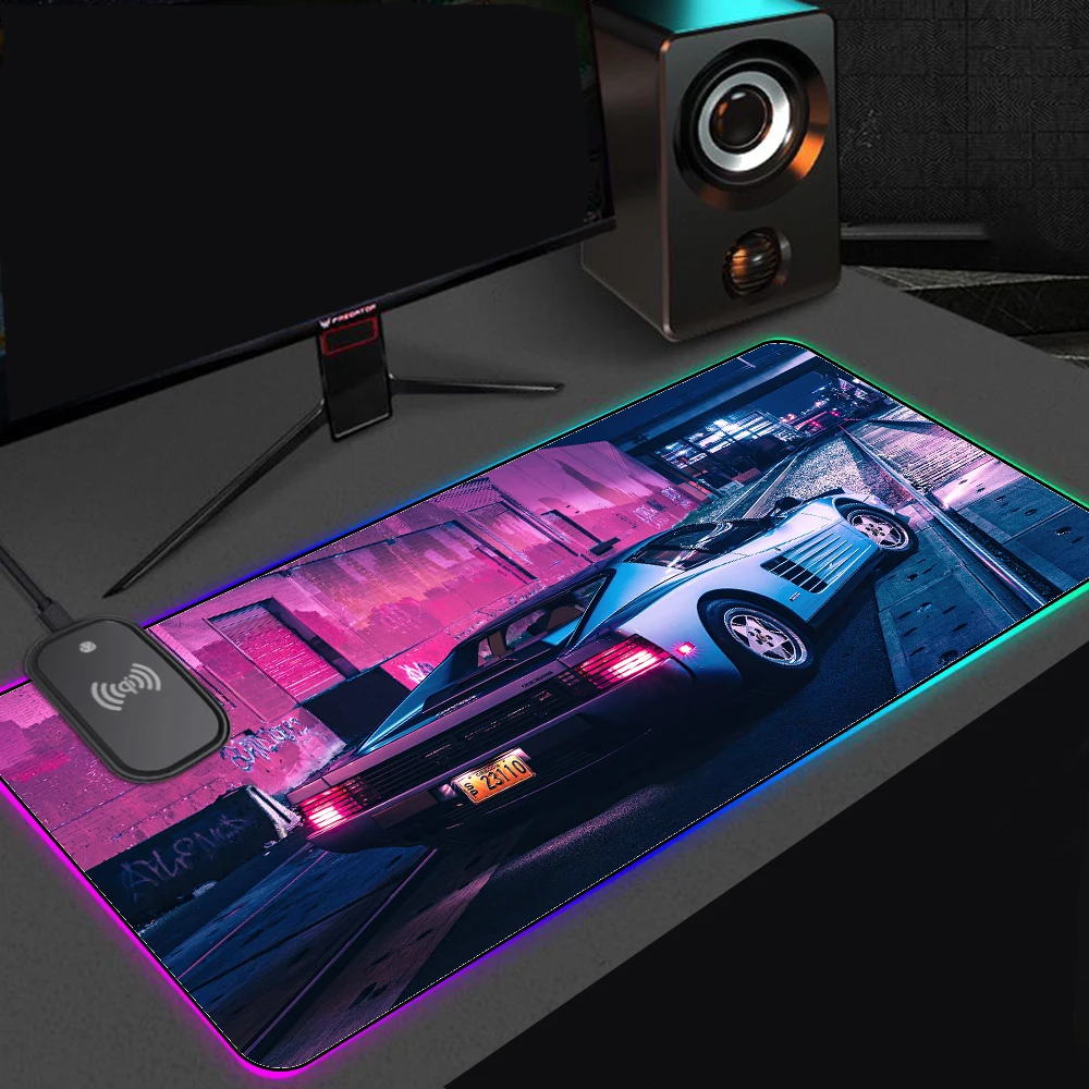 

Wireless Charging Mouse Pad Rgb Car Night Scenery Palm Trees Keyboard Rug Office Accessories Mouse Carpet Games Pad Backlit Mat