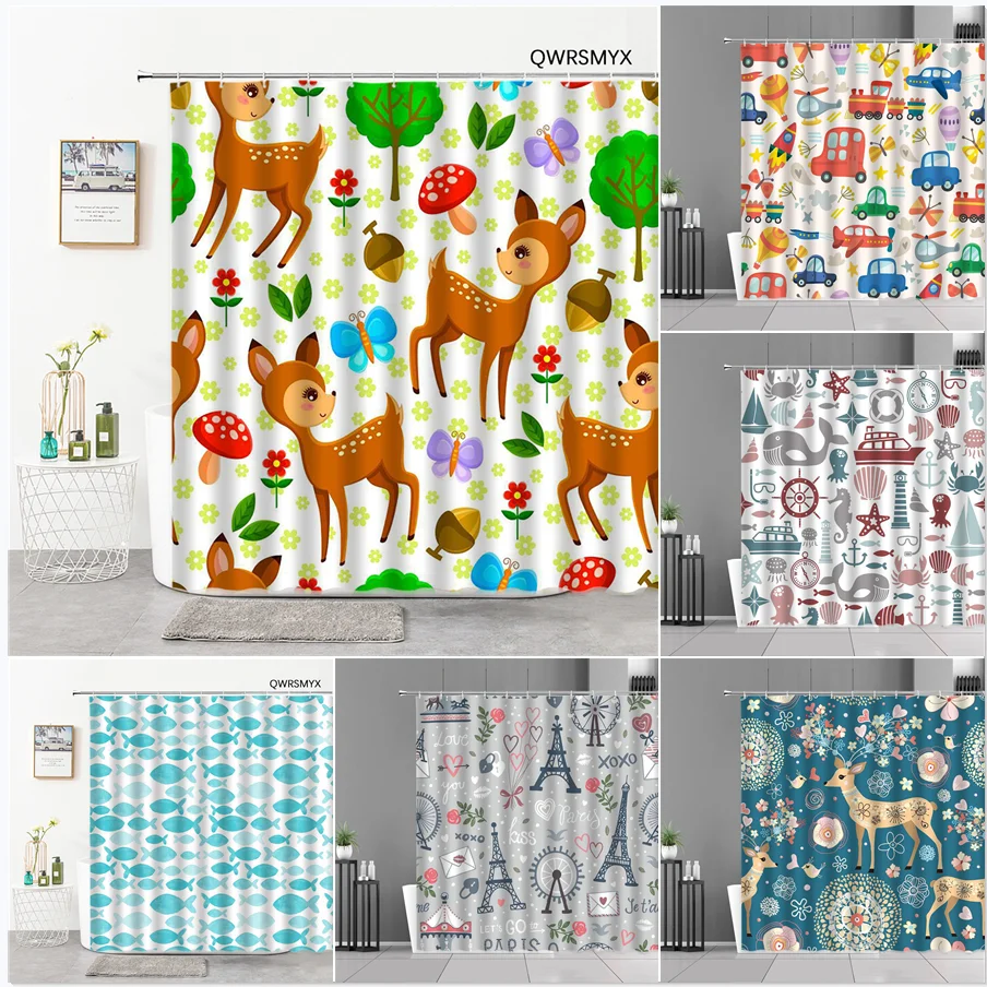 

Cartoon Car Shower Curtains Aircraft Ship Color Fun Pattern Bath Curtain Children Room Bathroom Decor Cloth Screen Boy Gril Gift