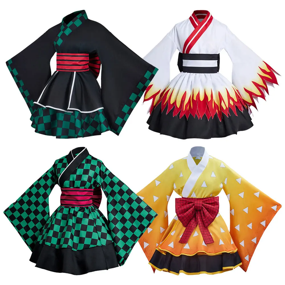 

Demon Slayer Women Cosplay Costume Kimono Agatsuma Zenitsu Kimetsu No Yaiba Rengoku Kyoujurou Skirt Costume Cloak Dress Suit