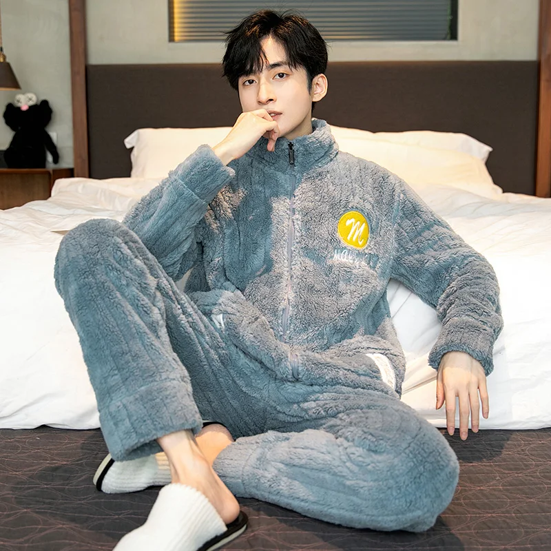 

QUHENG 2022 Men Winter Pyjamas Suit Long Sleeve Thick Warm Flannel Pajama Sets for Coral Velvet Cute Sleepwear Homewear Clothes