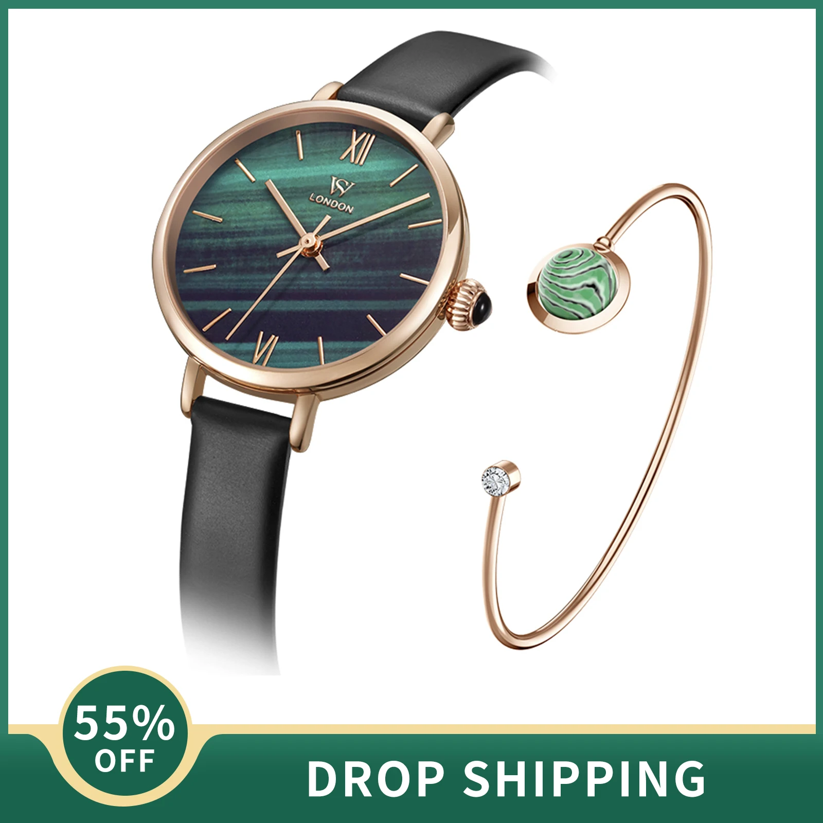 

WS Women Watches Luxury Ladies Malachite Textured Watch Round Dial Quartz Wristwatch with Waterproof Leather Strap Relojes Mujer