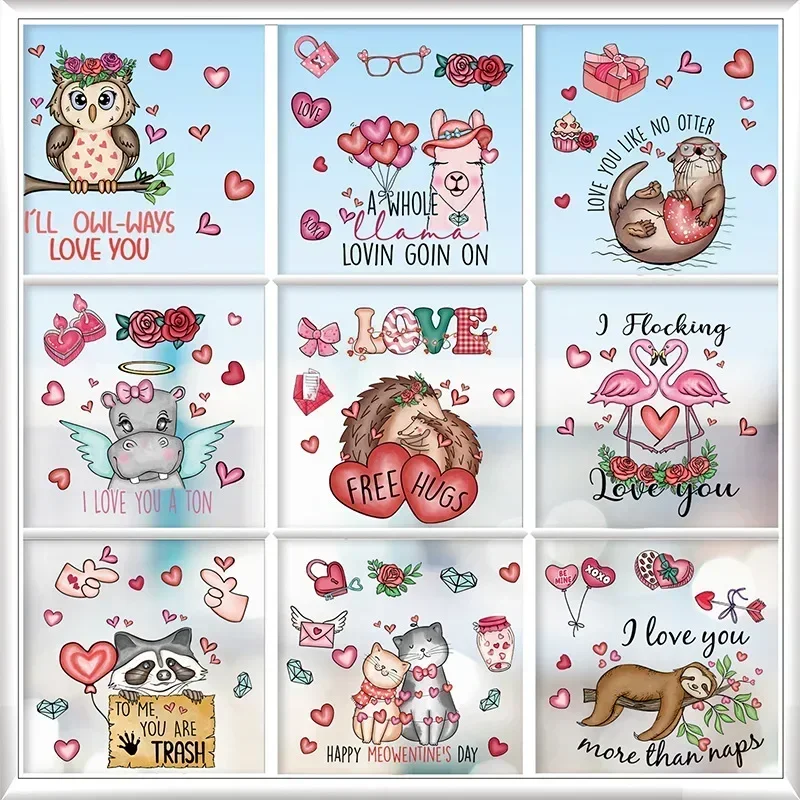 

Valentine's Day Electrostatic Window Sticker Cartoon Animals Cats Love Heart Glass Wall Stickers Happy Valentine's Party Decors
