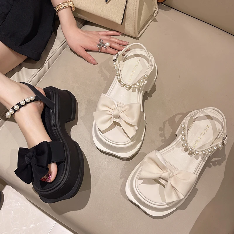 

Fashion String Bead Female Casual Outdoor Ladies Heels Shoes Sandals Thick Soled Buckle Strap Butterfly-knot Women Sandal
