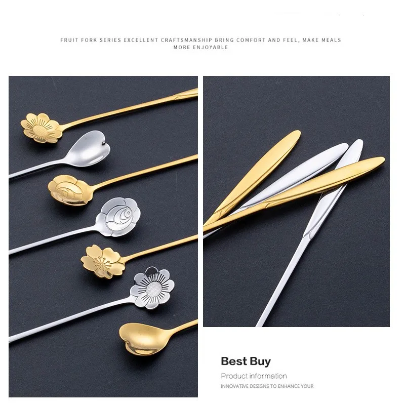 Ложка из нержавеющей стали для кофе с изображением вишен и розового золота, серебряная, подарок на Рождество, кухонные принадлежности, столовые приборы, декор.