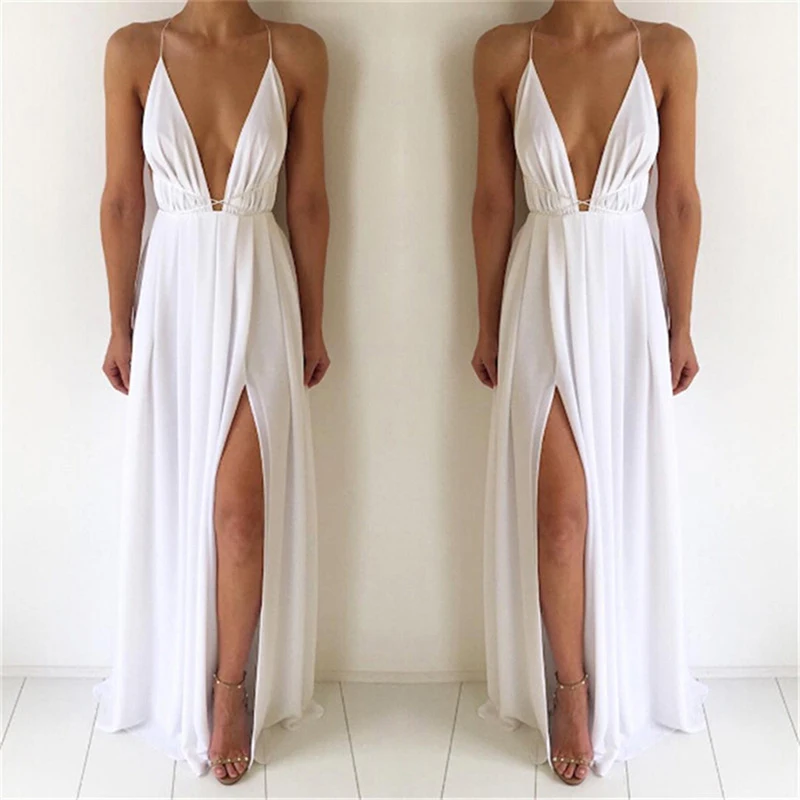 

Sexy High Split Maxi Sundress Women Backless Deep V Neck Party Clubwear Dress Spaghetti Strap Beach Dress Long Vestido