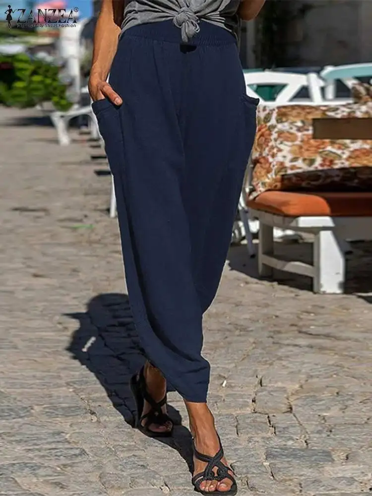 

ZANZEA Fashion Elastic Loose Holiday Overall Women Spring Solid Color Pants Side Pockets Cotton Capris Holiday Irrugular Trouser