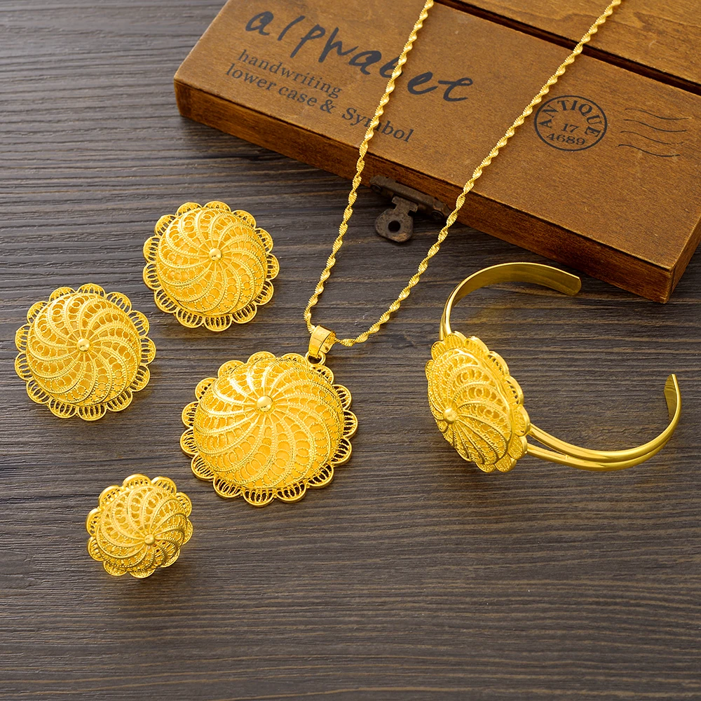

Ethiopian Jewelry Sets Pendant Necklaces Earrings Ring Bangles for Womens Gold Color Eritrean African Bride Gifts