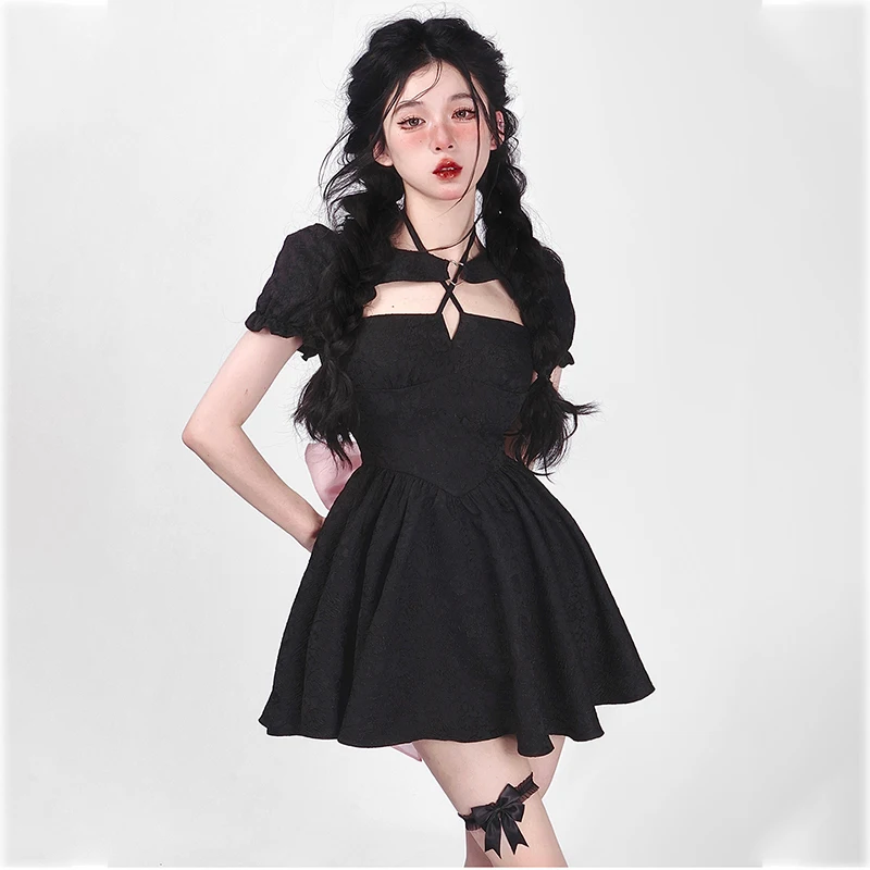 

Women Dress Kawaii Lolita Y2K Elegant Gothic New Korean Fashion Black Pink Bow Puff Sleeve Vintage Sweet Mini Summer Dress 2022
