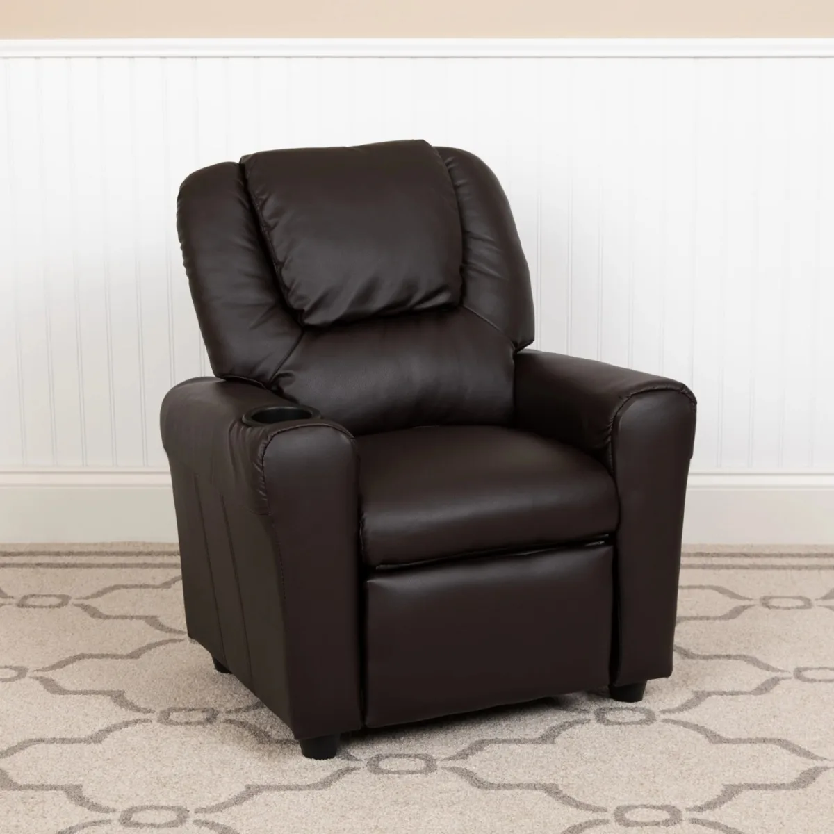 

Contemporary Brown LeatherSoft Kids Recliner with Cup Holder and Headrest
