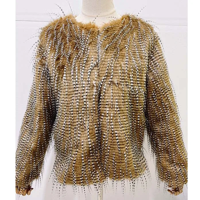 Faux Fur Coat Women Elegant Winter Warm Round Neck Open Stitch Full Sleeve Fashion Elegant Ladies Winter Outwears Jackets & Coat