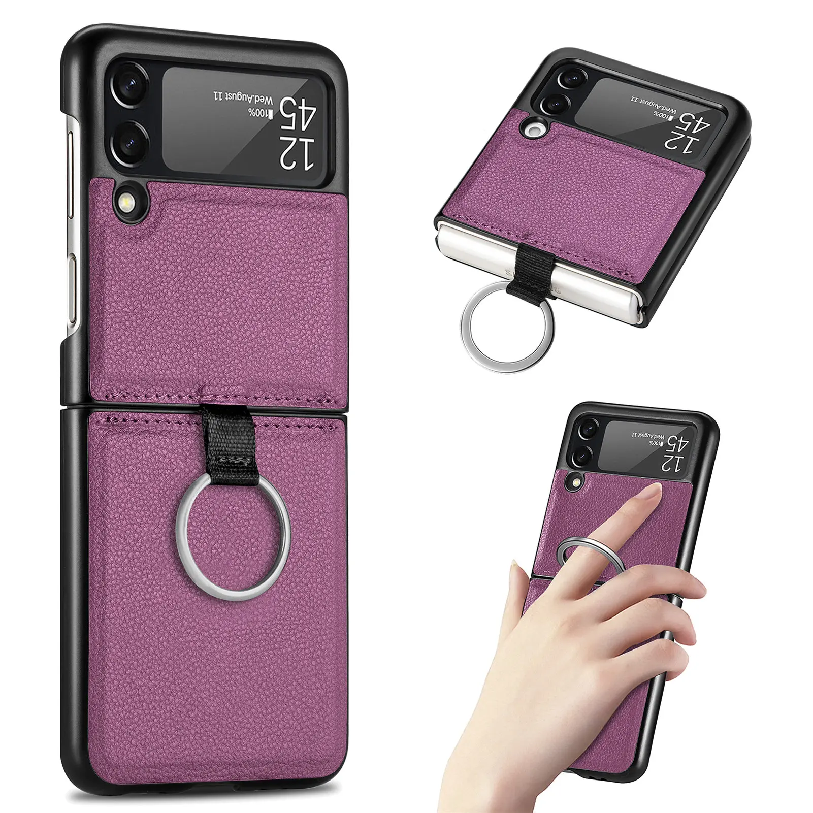 

Ring Holder PU Leather Case for Samsung Galaxy Z Flip 3 5G Flip3 Anti-Fingerprint Phone Bag Cover Capa