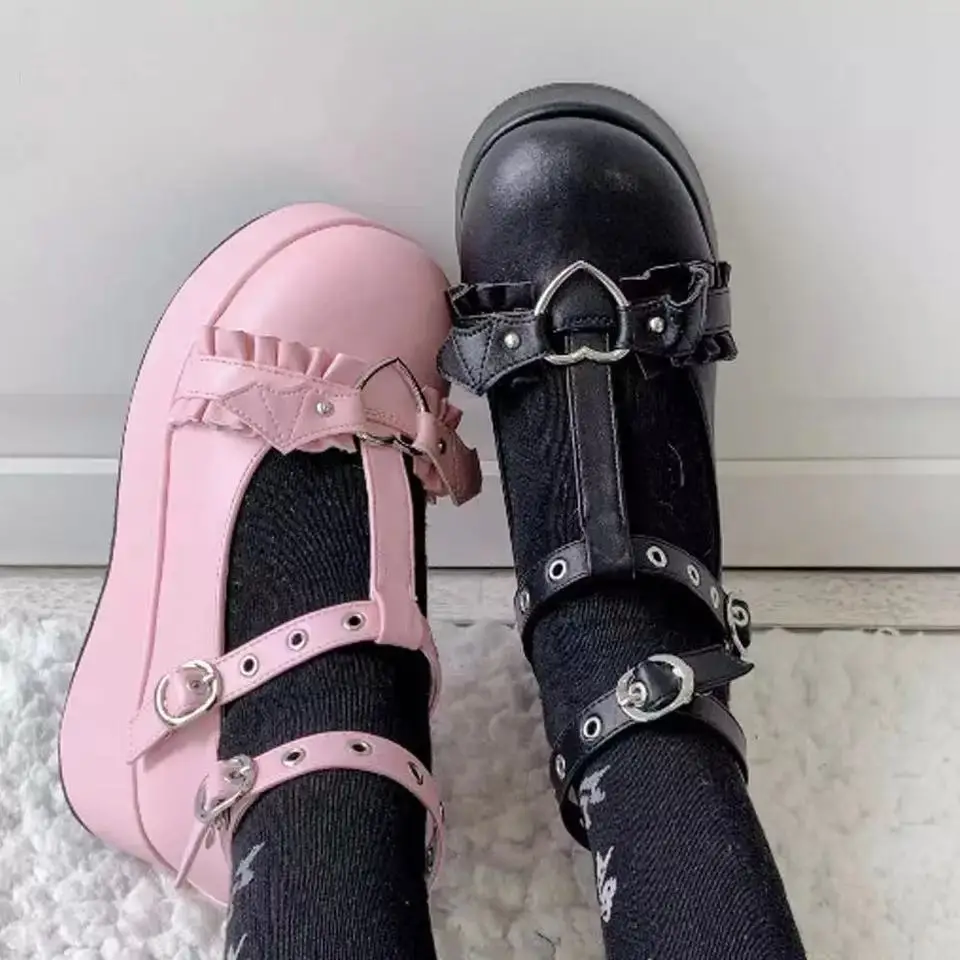

Женские туфли на танкетке, розовые туфли с Т-образным ремешком и пряжкой в форме сердца, в стиле панк/готика, для косплея, 2022