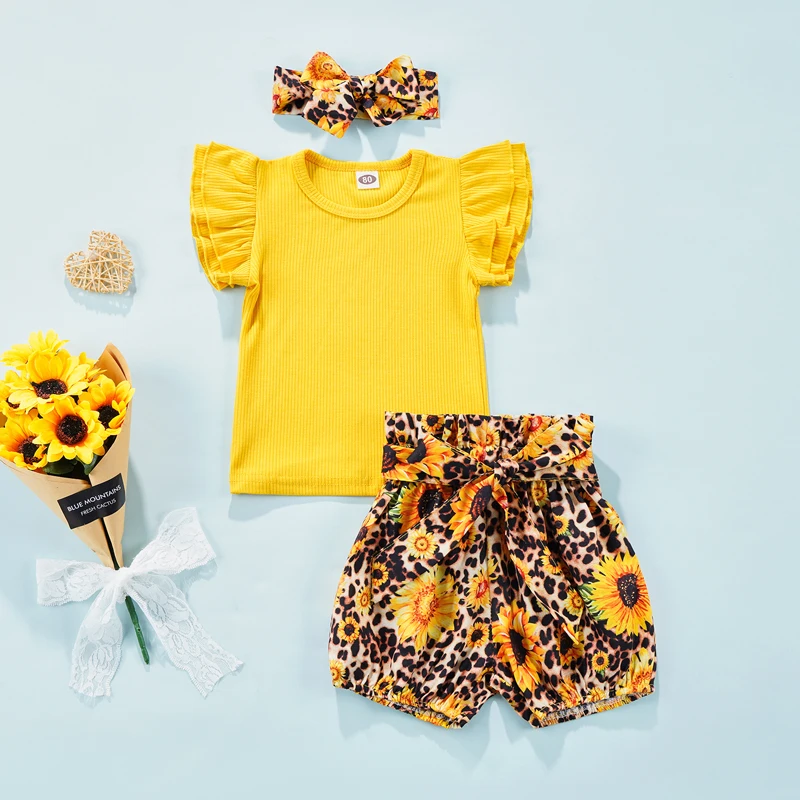 

Детские летние топы с рукавами, шорты и повязка для волос, летняя одежда с леопардовым принтом подсолнухов и эластичной талией