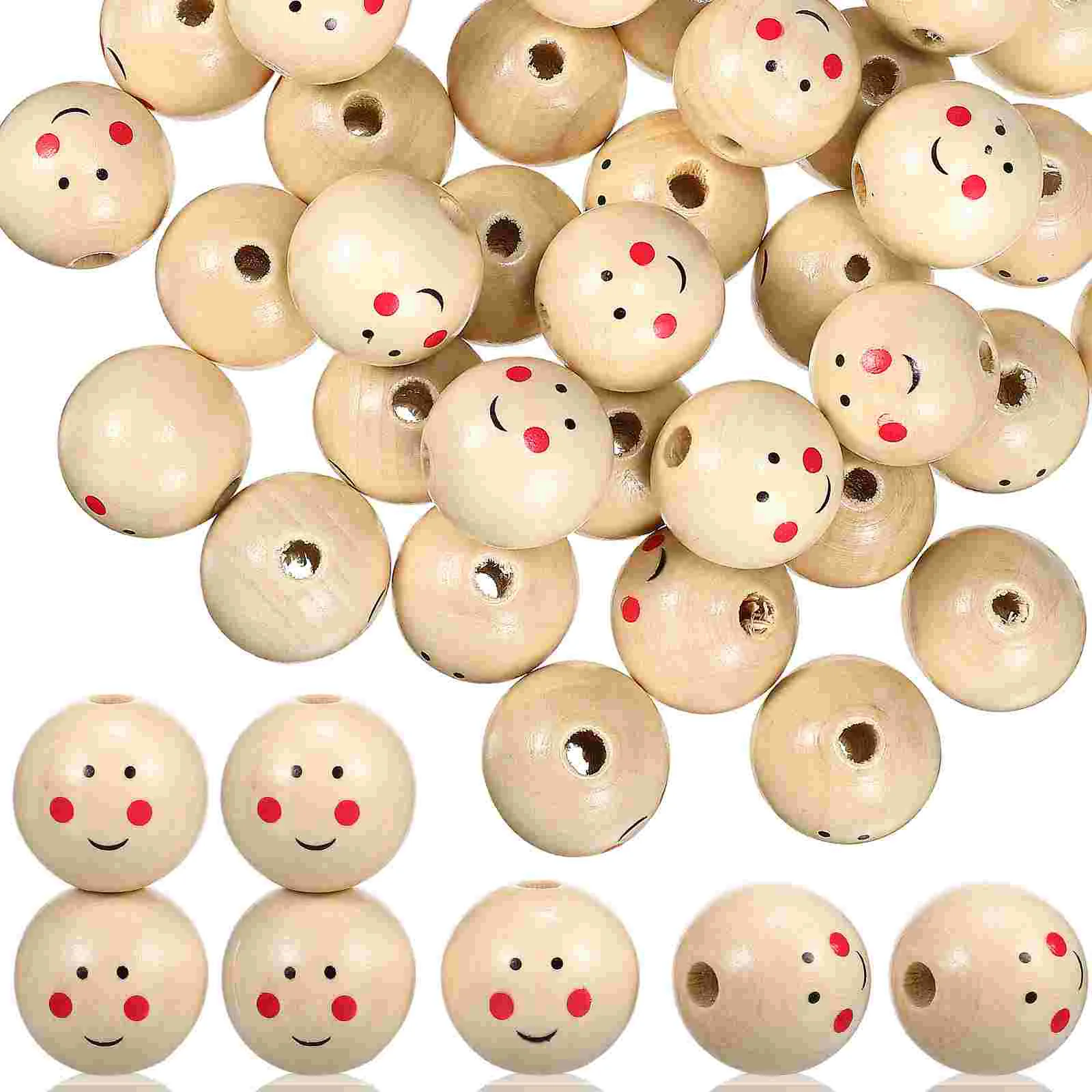 

100Pcs Round Wooden Beads Necklace Bracelet Spacer Beads with Smile Face for Jewelry Making Craft Projects