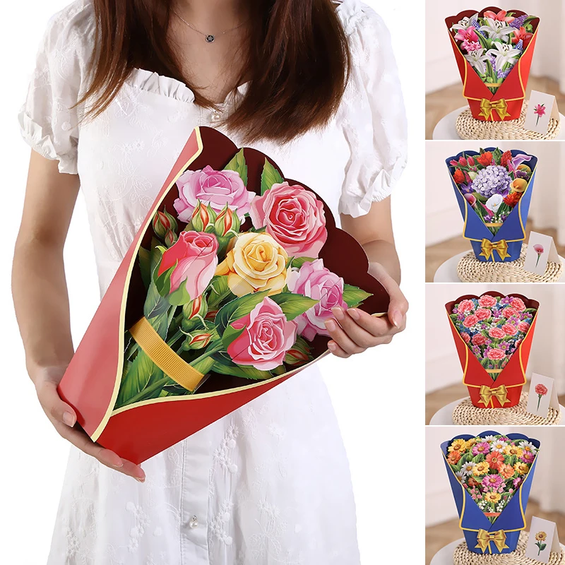 

11.8 Inch 3D Flower Bouquet Card Popping Up Floral Greeting Cards Lily Tulip Sunflower Rose Handmade Paper Greeting Gift Card