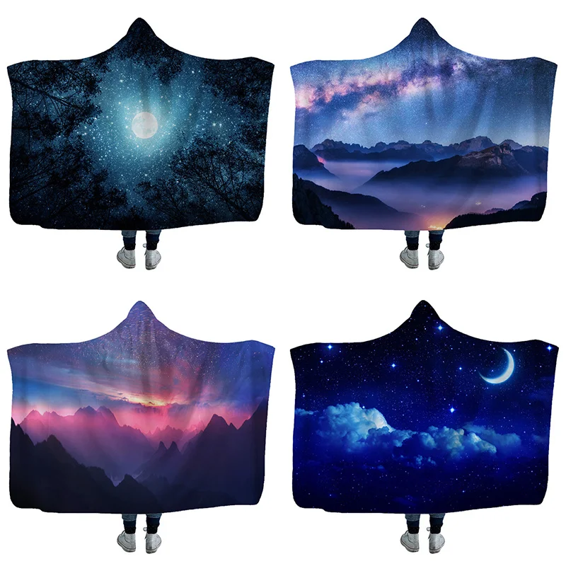 

Starry Sky Printed Hooded Blanket Outdoor Travel Camping Aircraft Cold-proof Blanket Sofa Bed Cloak Cover Blanket