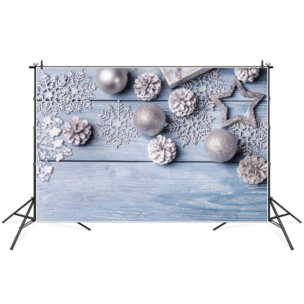 

Christmas Snowflakes Balls Pine Cones Wooden Board Planks Photography Backdrops Custom Baby Party Decoration Photo Backgrounds